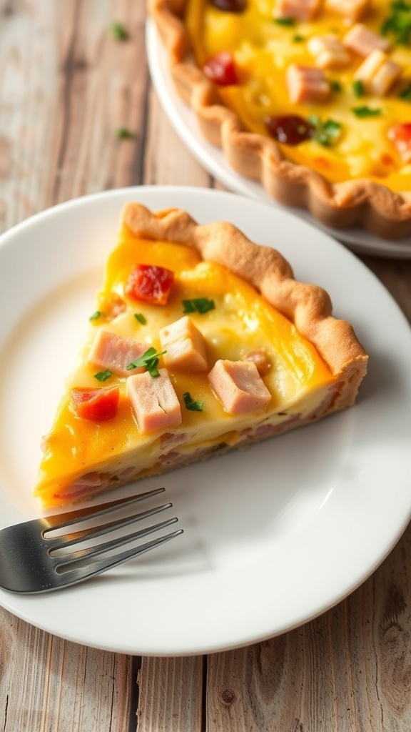 A slice of ham and cheese quiche on a plate, garnished with parsley, on a rustic wooden table.